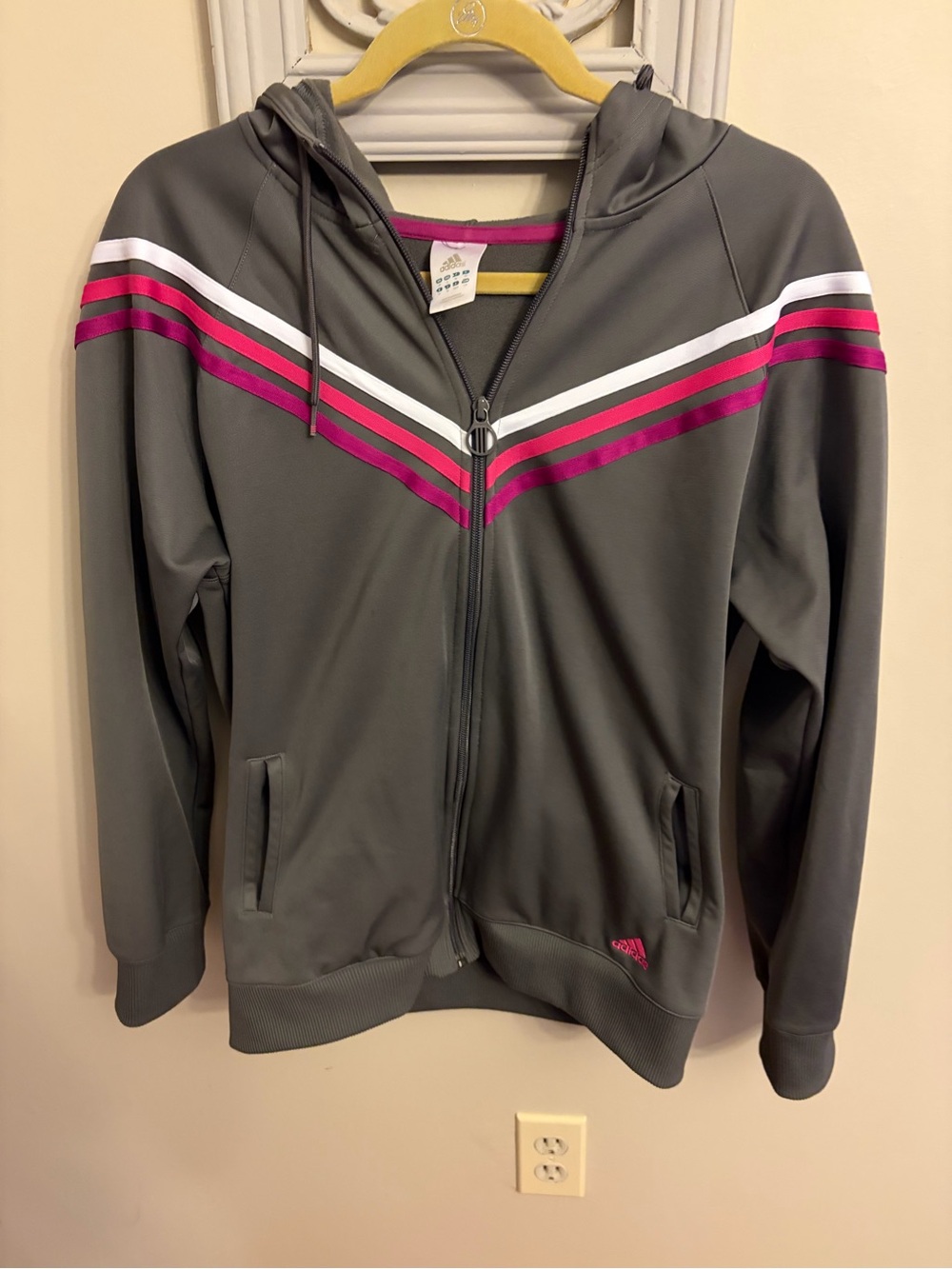 adidas Gray Hooded Bomber Jacket with Pink and White Chevron Stripes
